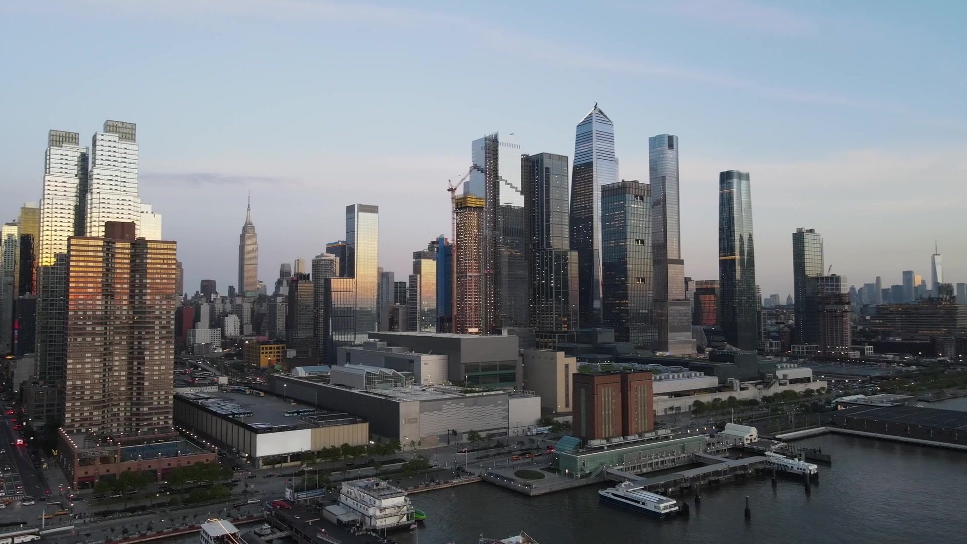 City skyline with high-rise towers along the waterfront