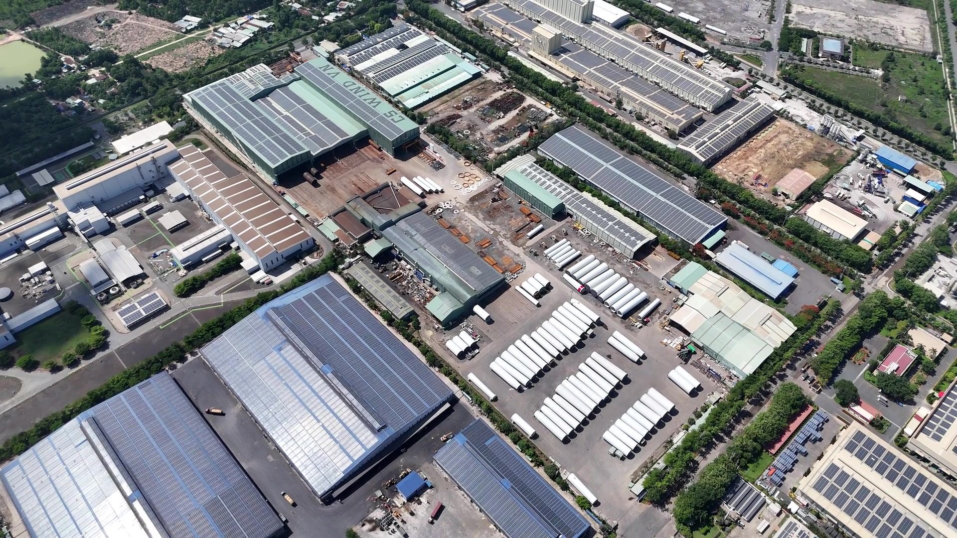 Aerial view of an industrial park with warehouses