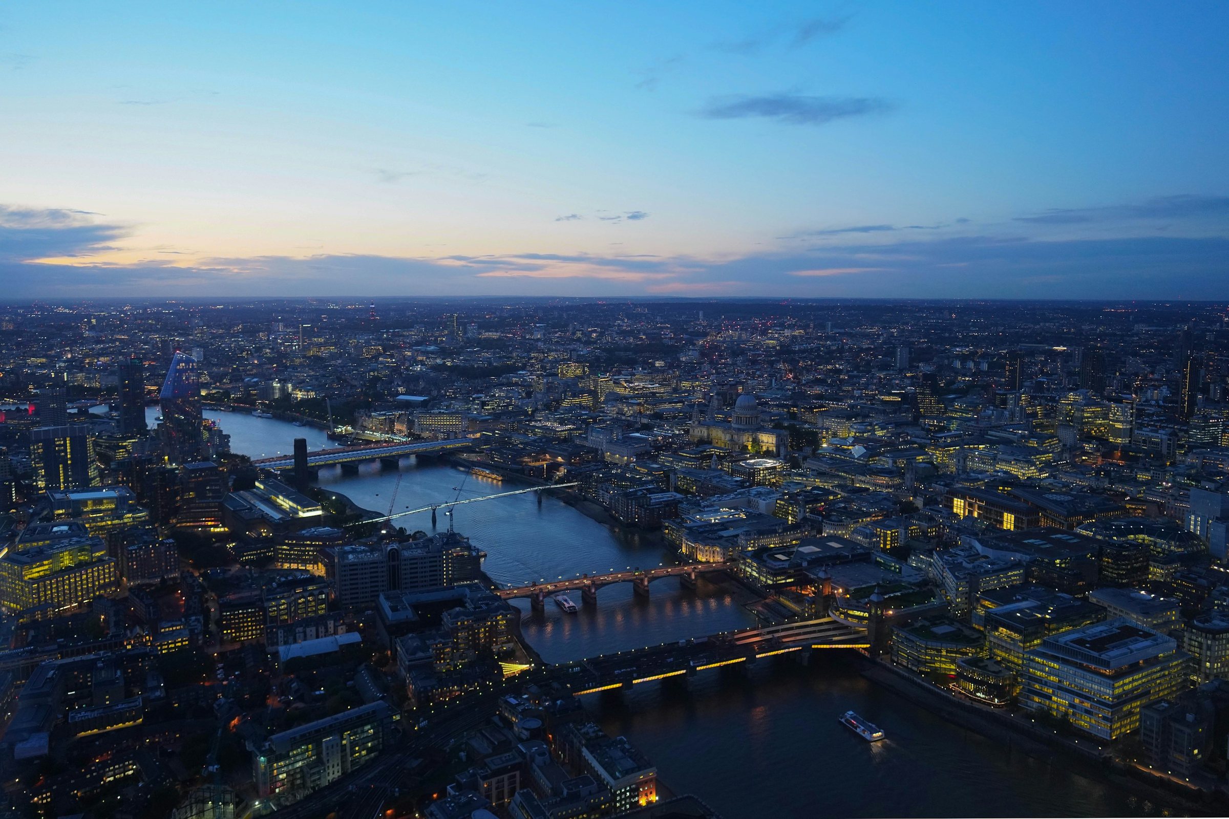 City of London and the River Thames at dusk, seen from a tall building