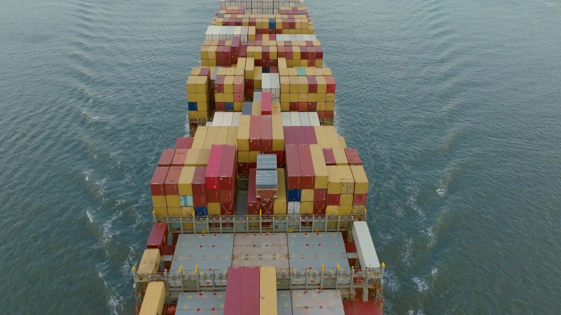 Aerial view of a container ship at sea