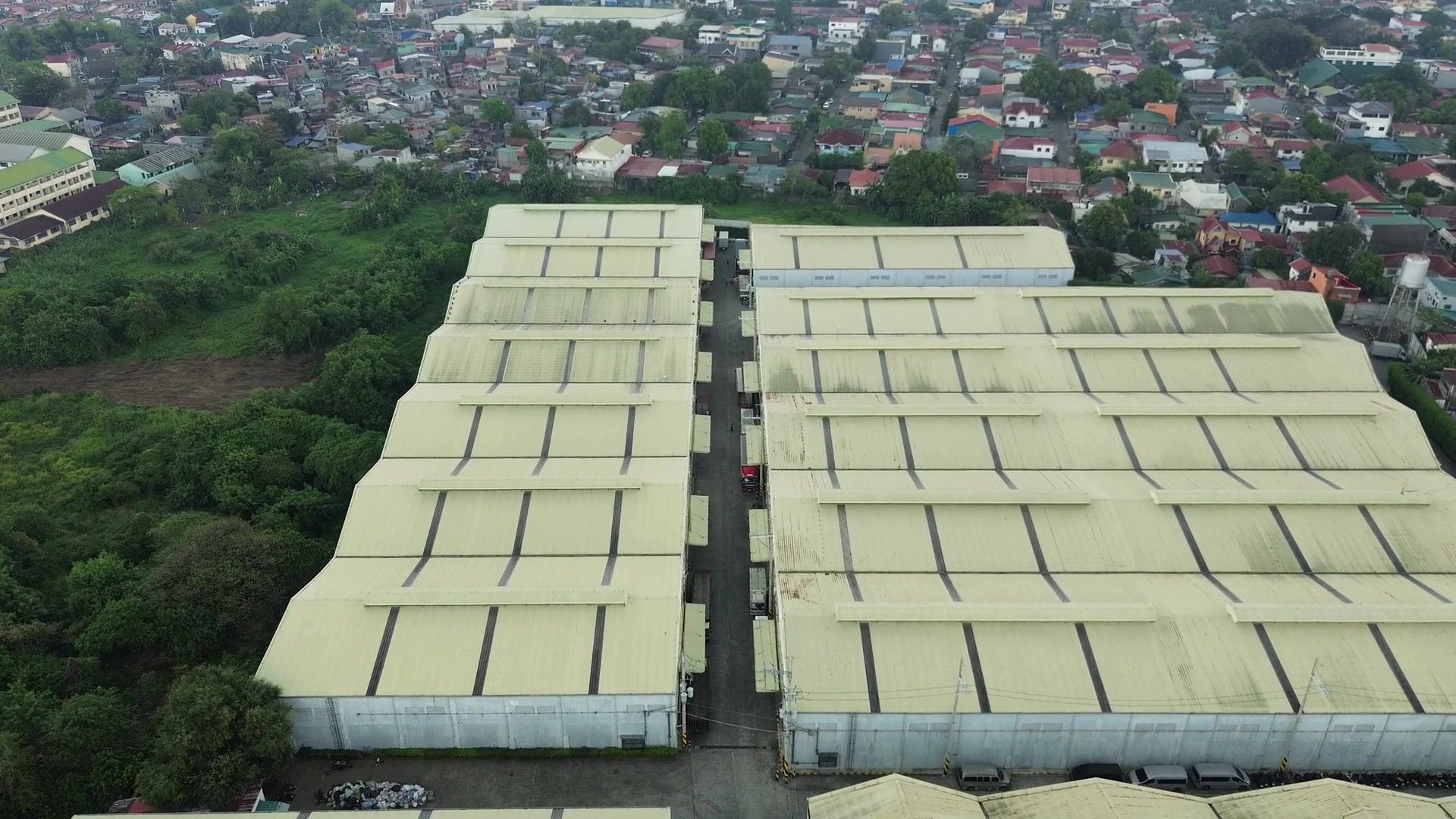 Aerial view of a row of warehouse buildings